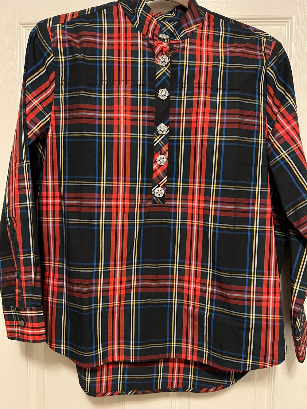 J. Crew Red and Black Plaid Tunic with Crystal Buttons